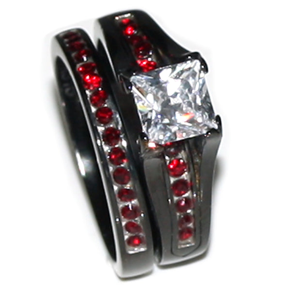 Thin Red Line Stainless Steel Princess Cut CZ Wedding Ring Two Ring Set