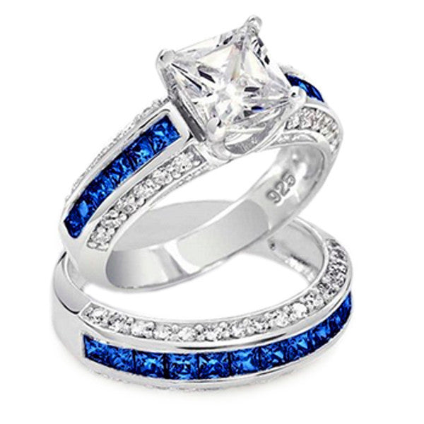 Thin Blue Line 3.585 cttw Princess Cut Engagement Ring Set Blue CZ Accents