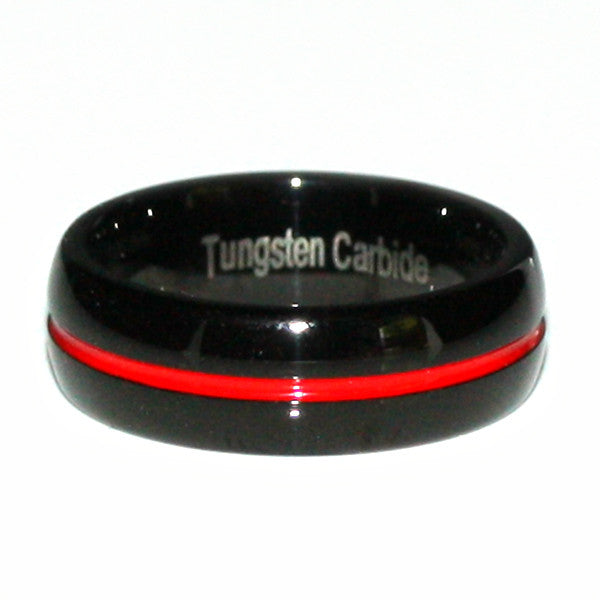 Thin Red Line Tungsten Carbide Ring Dome Shaped Black with Red Channel 7MM