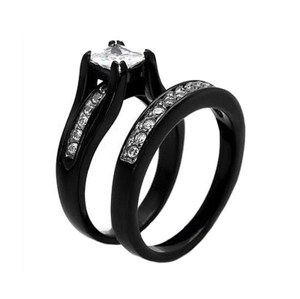Thin Silver Line Stainless Steel Princess Cut CZ Wedding Ring Two Ring Set