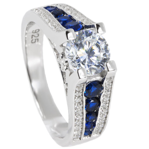 Thin Blue Line Engagement Ring Sterling Silver CZ Clear Brilliant Cut w/ Blue Accents