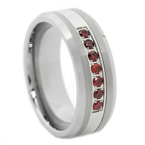 Thin Red Line Brushed Tungsten Carbide Ring 7 Red CZ Diamonds 8MM