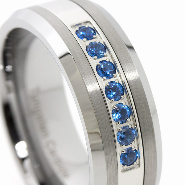 Thin Blue Line Brushed Tungsten Carbide Ring 7 Blue CZ Diamonds 8MM