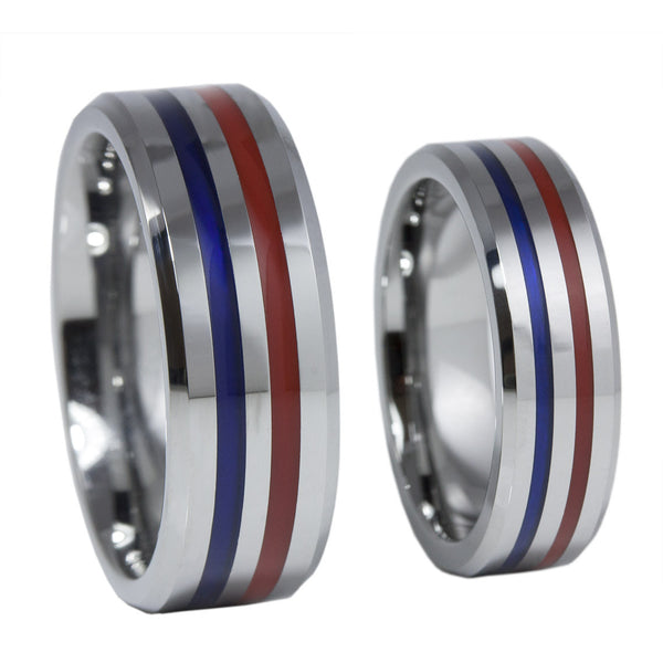 Thin Red Blue Line 8MM Tungsten Carbide Ring Red & Blue Epoxy Inlays