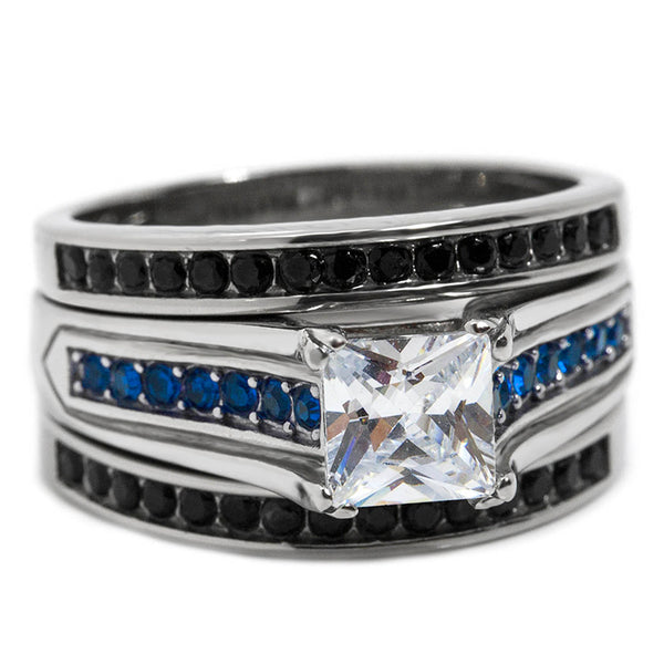 Black and Blue Three Piece Wedding Ring