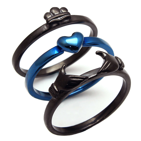 Thin Blue Line Claddagh Ring Black and Blue Stainless Steel 3 Piece Set