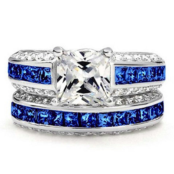 Thin Blue Line 3.585 cttw Princess Cut Engagement Ring Set Blue CZ Accents