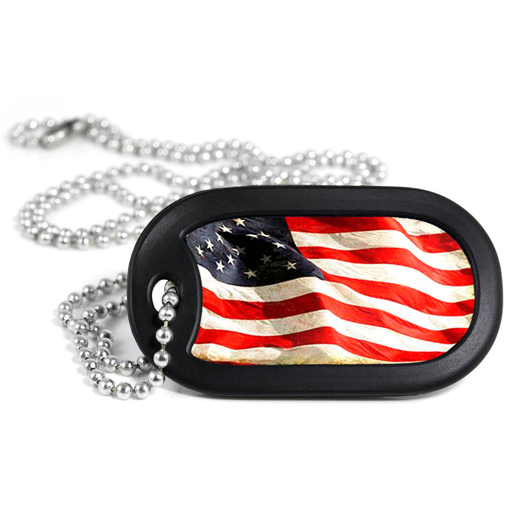 Antiqued American Flag Metal Dog Tag Necklace