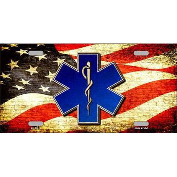 License Plate Blue EMT with USA Flag