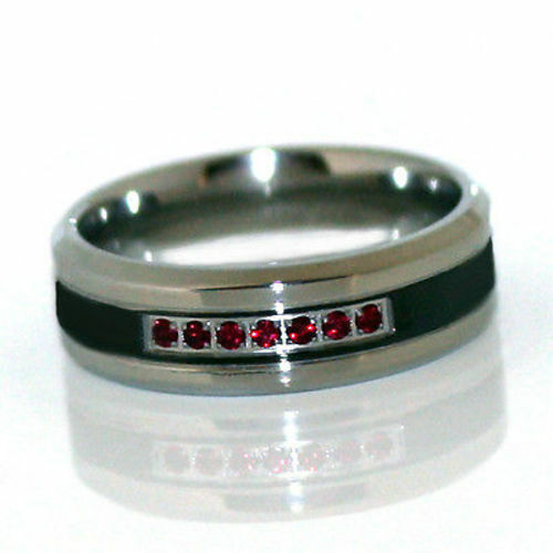 Thin Red Line 8mm Wedding Ring  CZ Stones in Black 316 Stainless Steel