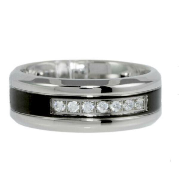 8mm Silver Line Wedding Ring CZ Stones Black 316 Stainless Steel