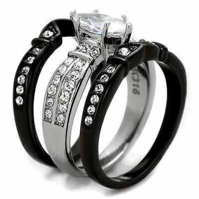 Women's Wedding Ring 3 pc Set 10 x 5mm Marquise CZ Black Stainless Steel