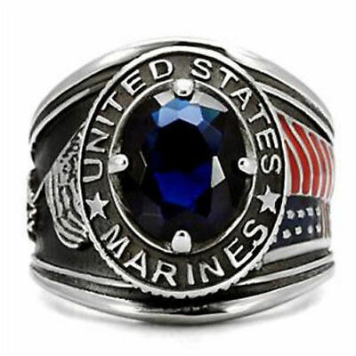 Mens Ring US Marines Iwo Jima 316 Steel Steel Dk Blue Stone Sizes 8 -14