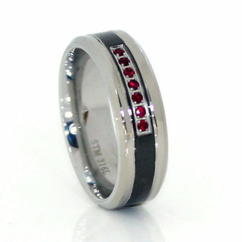 Thin Red Line 8mm Wedding Ring  CZ Stones in Black 316 Stainless Steel