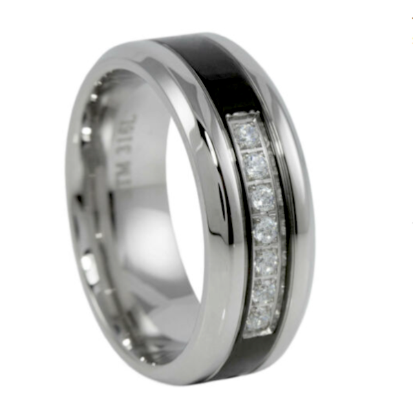 8mm Silver Line Wedding Ring CZ Stones Black 316 Stainless Steel