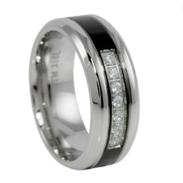 8mm Silver Line Wedding Ring CZ Stones Black 316 Stainless Steel