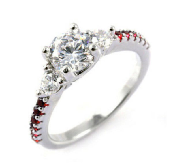 Thin Red Line Engagement Ring Sterling Silver Round 6.5mm CZ Red Accents