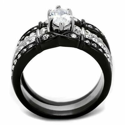 Women's Wedding Ring 3 pc Set 10 x 5mm Marquise CZ Black Stainless Steel