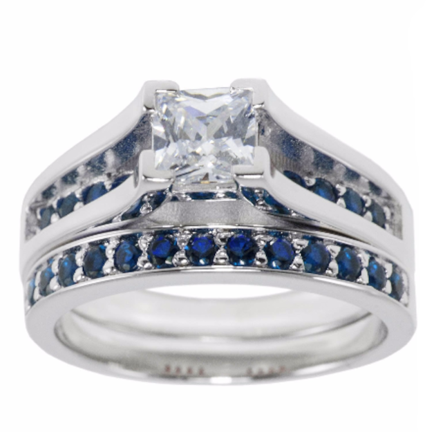 Blue Line 2 Ring Set 5mm Princess CZ Engagement Wedding 925 Sterling Silver