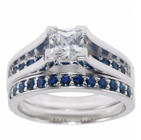 Blue Line 2 Ring Set 5mm Princess CZ Engagement Wedding 925 Sterling Silver