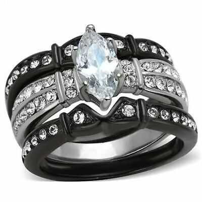 Women's Wedding Ring 3 pc Set 10 x 5mm Marquise CZ Black Stainless Steel