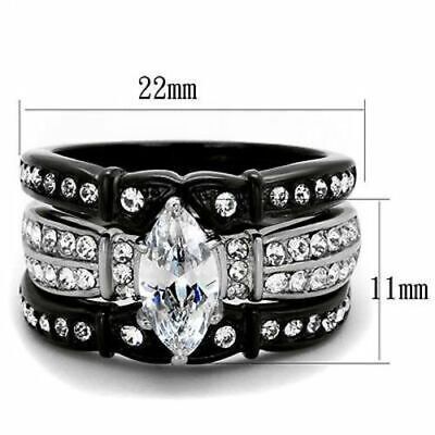 Women's Wedding Ring 3 pc Set 10 x 5mm Marquise CZ Black Stainless Steel