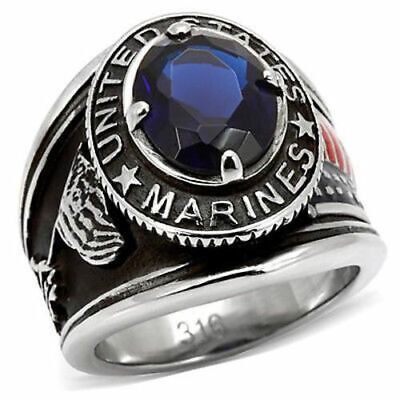 Mens Ring US Marines Iwo Jima 316 Steel Steel Dk Blue Stone Sizes 8 -14