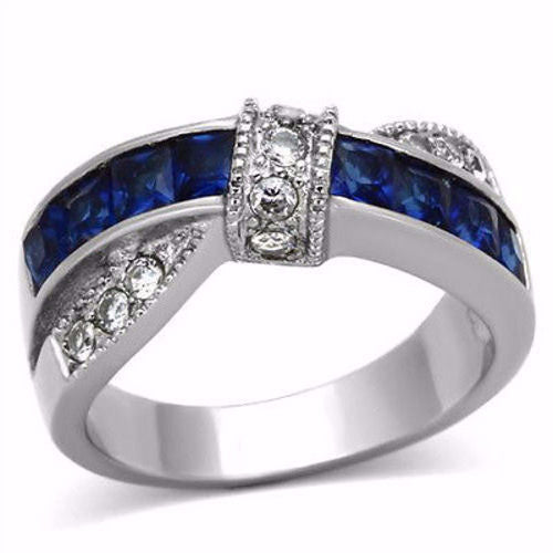 Thin Blue Line Women's 1.75 Ct Blue & Clear CZ Stainless Steel Twist Ring