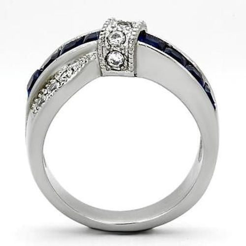 Thin Blue Line Women's 1.75 Ct Blue & Clear CZ Stainless Steel Twist Ring