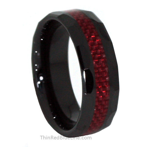 Thin Red Line Ceramic Scalloped Ring Red Fiber Inlay 8MM