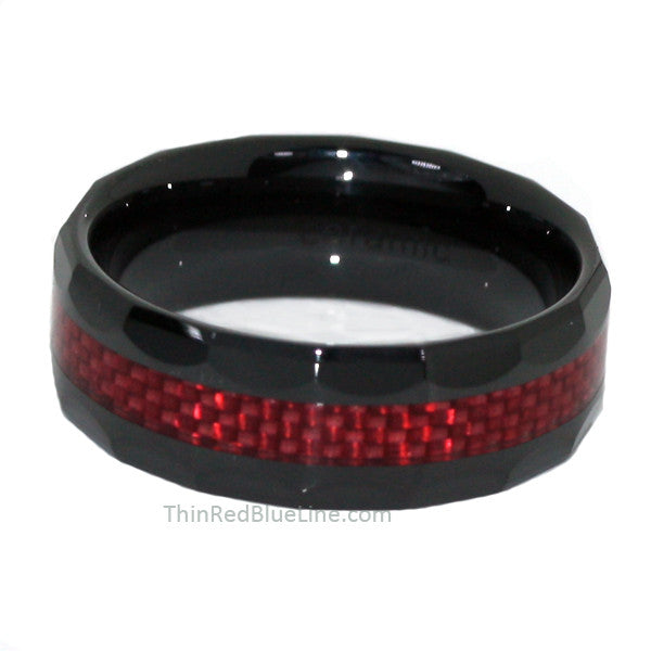 Thin Red Line Ceramic Scalloped Ring Red Fiber Inlay 8MM