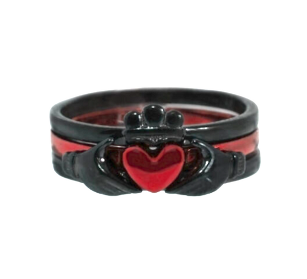 Thin Red Line Claddagh Ring Black and Red Stainless Steel 3 Piece Set