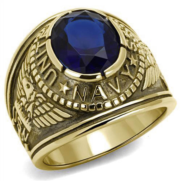 Navy Mens United States Military Ring Dark Blue Stone Gold Stainless Steel