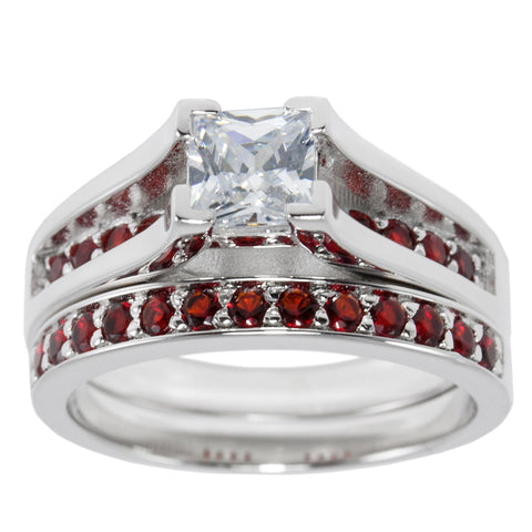 Thin Red Line Engagement 2 Piece Set Sterling Princess Cut CZ