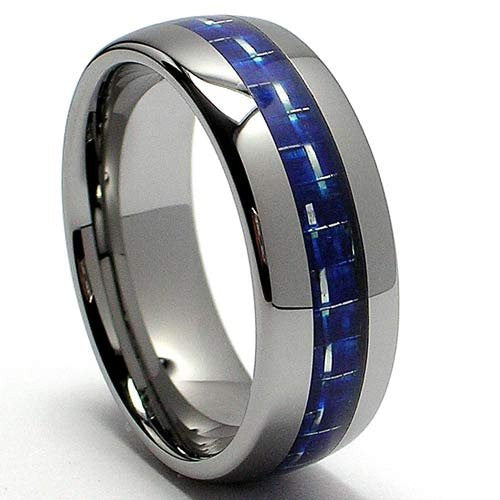 Thin Blue Line Carbon Fiber Ring in Natural Tungsten