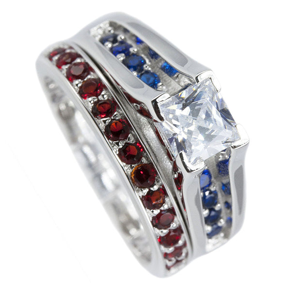 Thin Blue Red Line Engagement 2 Pc Set Sterling Princess Cut CZ