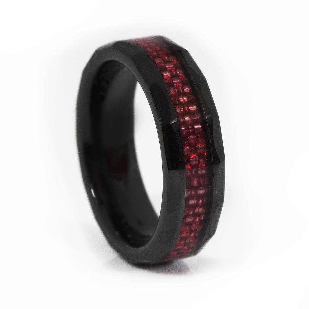 Thin Red Line Ceramic Scalloped Ring Red Fiber Inlay 6MM