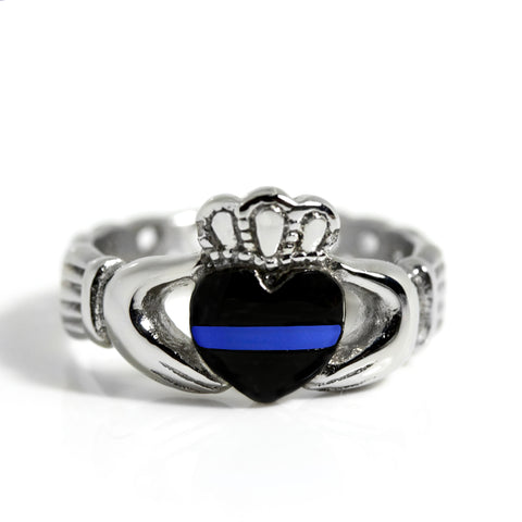 Thin Blue Line Claddagh Stainless Steel Ring with Celtic Rope Design