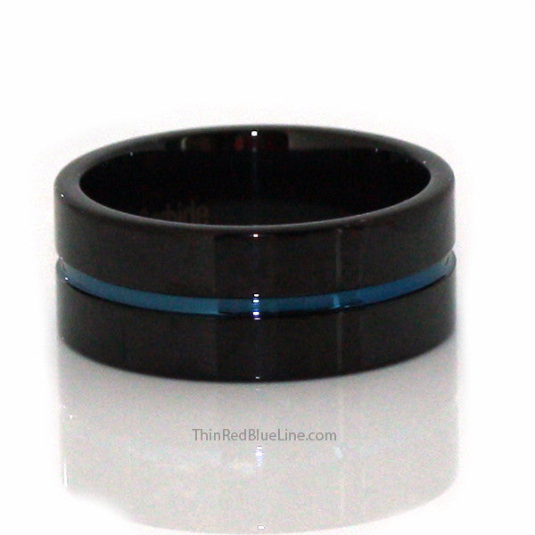 Thin Blue Line Tungsten Ring 9MM Flat Thin Profile