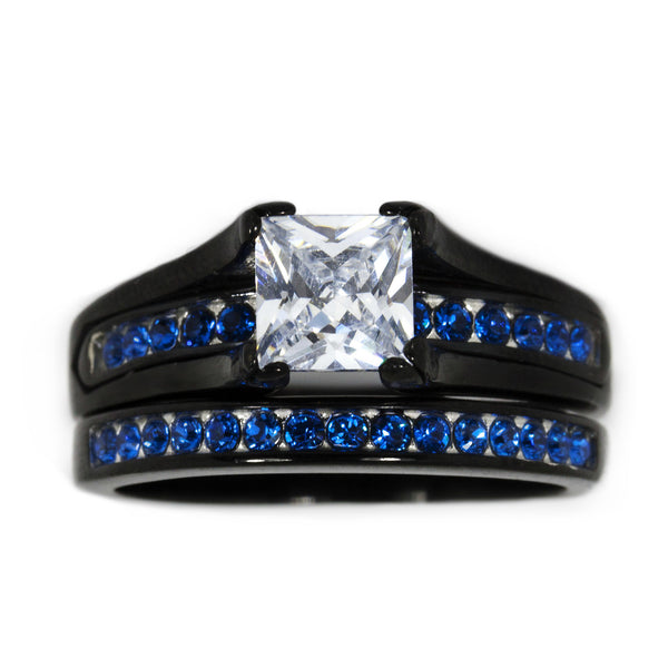 Thin Blue Line Stainless Steel Princess Cut CZ Wedding Ring Two Ring Set