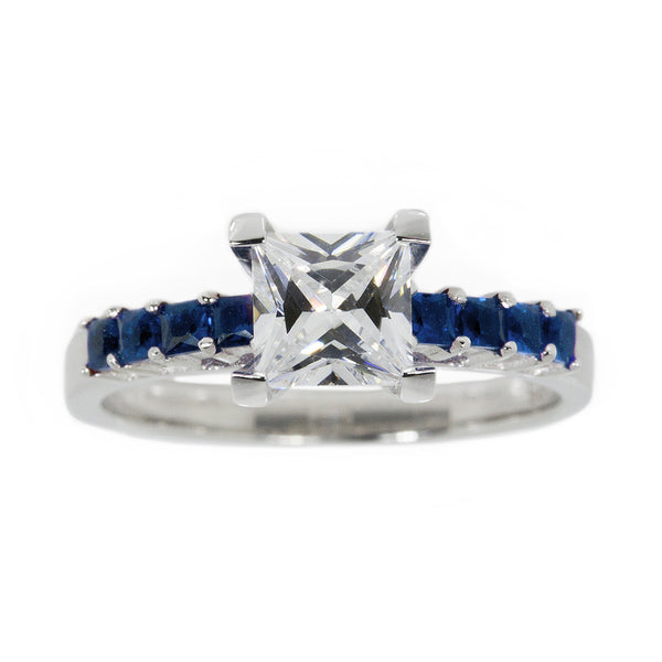 Thin Blue Line Princess Cut CZ Sterling Silver Engagement Ring w/ 8 Blue Accents