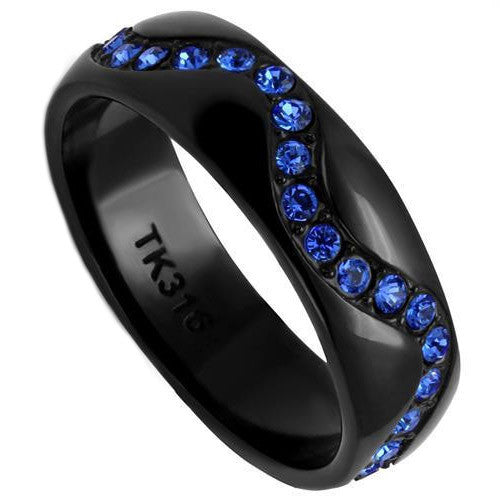 Thin Blue Line Wavy in Black Stainless Steel Crystal Stones