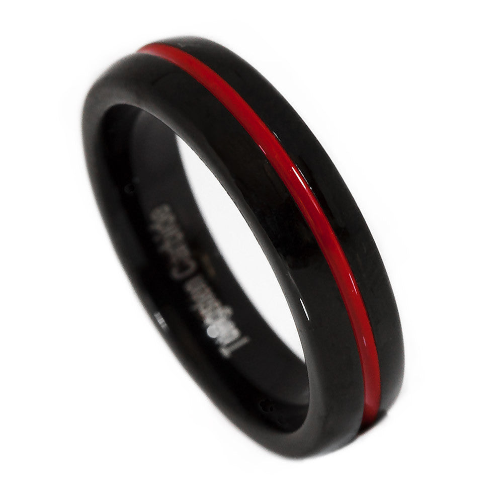 Thin Red Line Tungsten Carbide Ring Dome Shaped Black with Red Channel 5MM