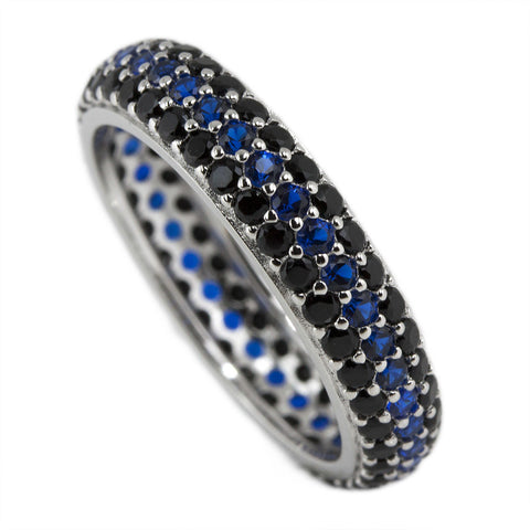 Eternity Thin Blue Line Pave Black CZ and Blue CZ Ring