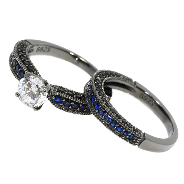 Thin Blue Line Gunmetal Sterling Clear & Blue CZ Engagement Set