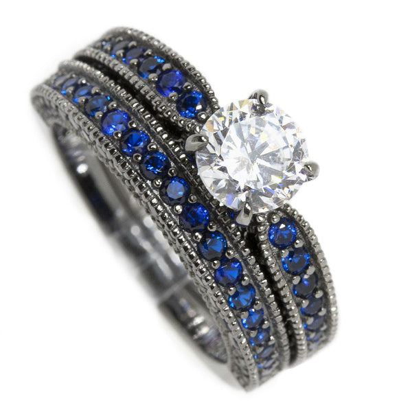 Thin Blue Line Gunmetal Sterling Clear & Blue CZ Engagement Set