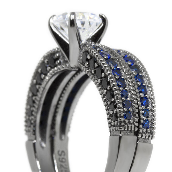 Thin Blue Line Gunmetal Sterling Clear & Blue CZ Engagement Set