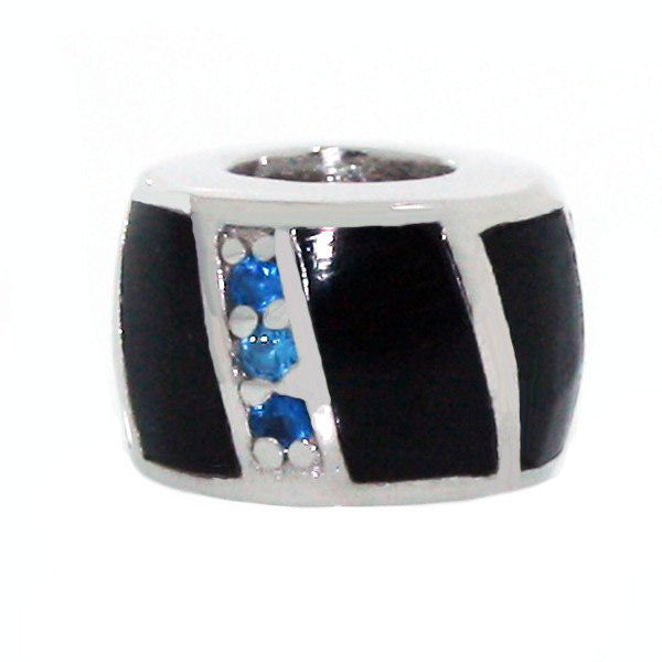 Thin Blue Line Sterling Silver Charm Onyx CZ Bead fit all popular bracelets