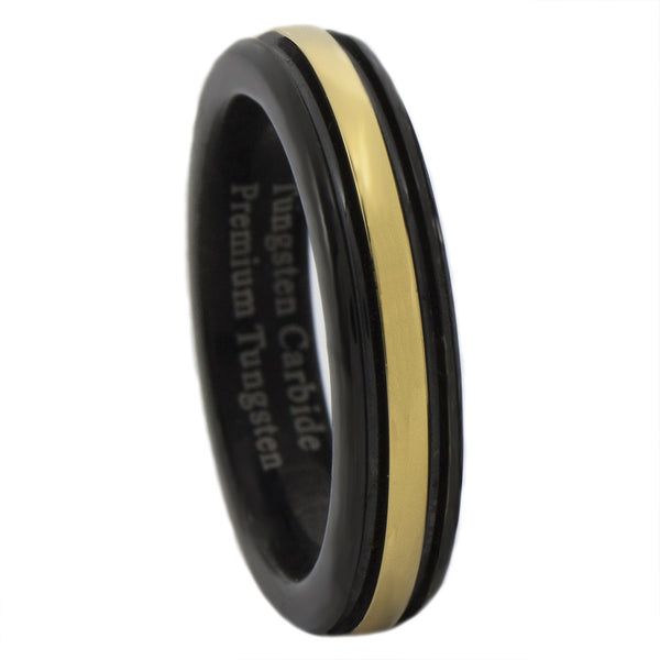 Gold and Black IP Tungsten Carbide Thin Gold Line Dispatch Ring 4MM