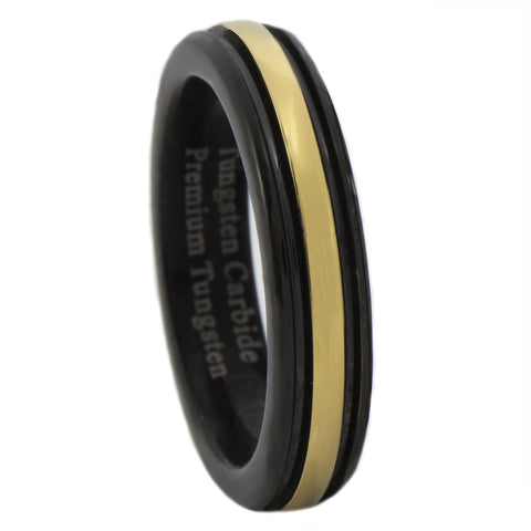 Gold and Black IP Tungsten Carbide Thin Gold Line Dispatch Ring 4MM